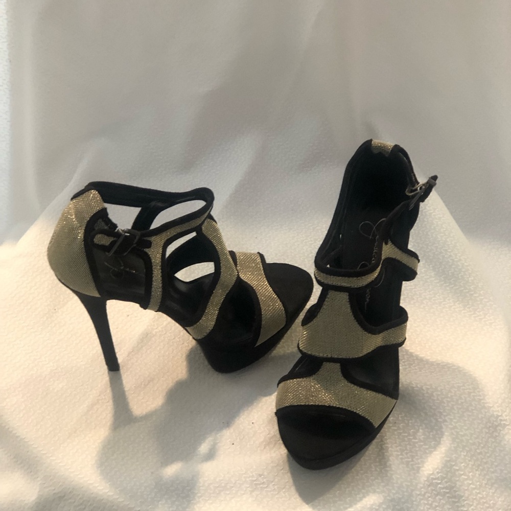 Jessica Simpson Bruno Platform Heels. Black suede and silver mesh. Size 6